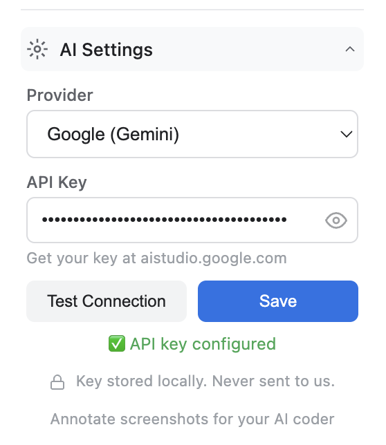 ScreenToPrompt AI settings panel showing provider selection and API key input
