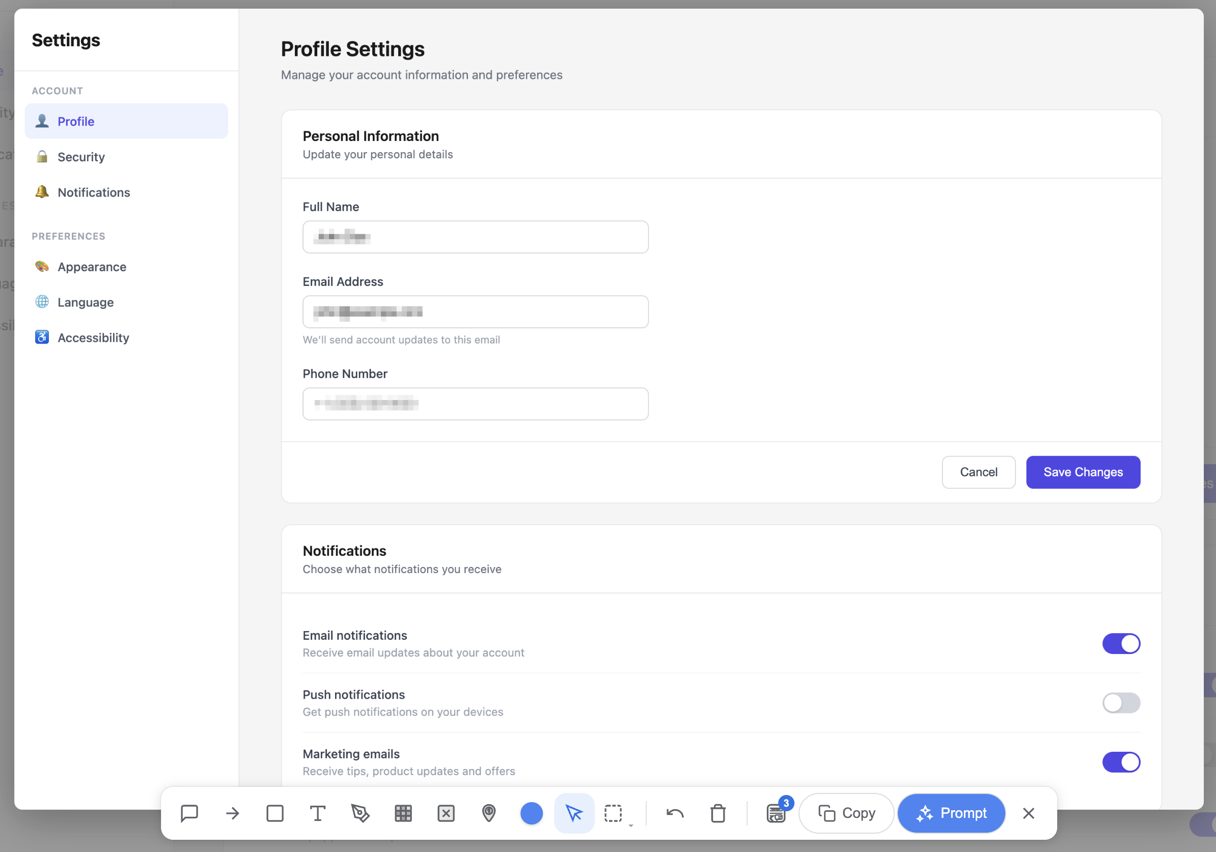 Settings page with blurred sensitive data