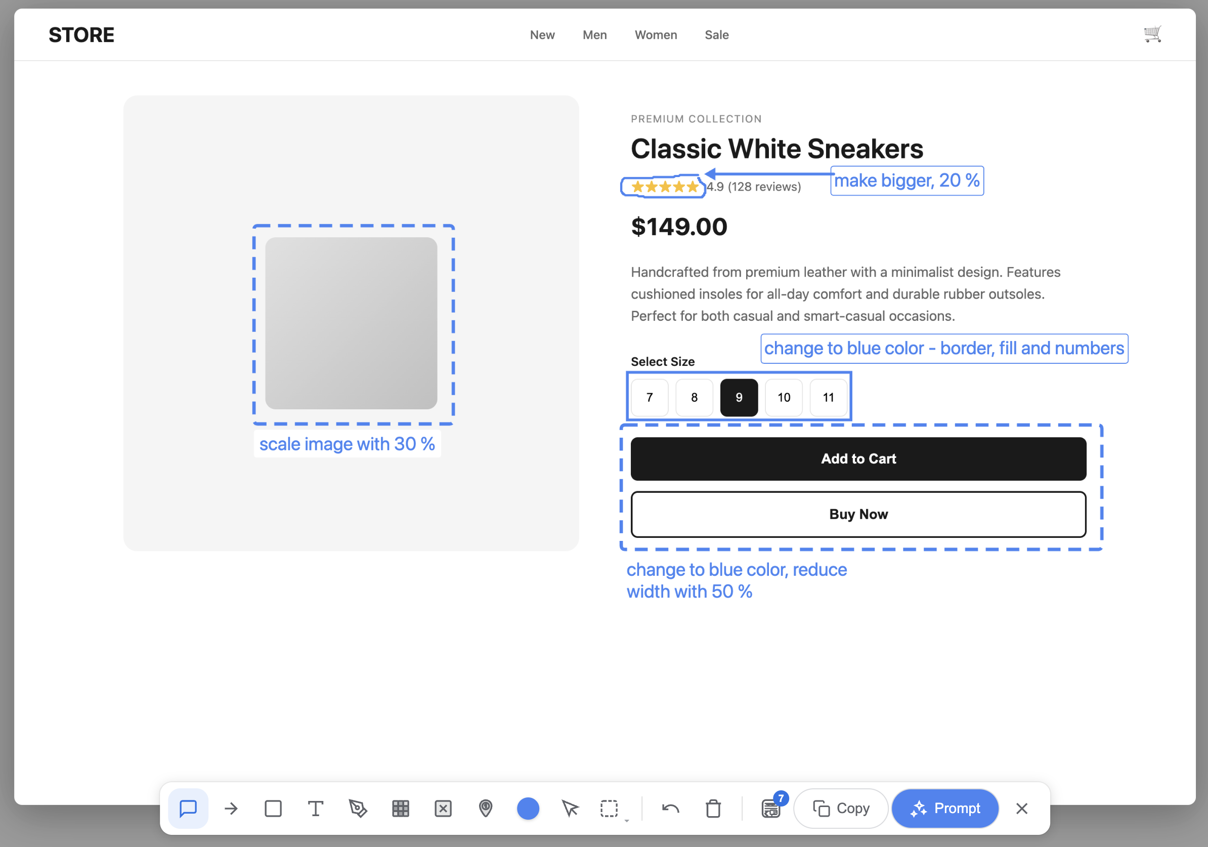 E-commerce page with multiple annotation tools