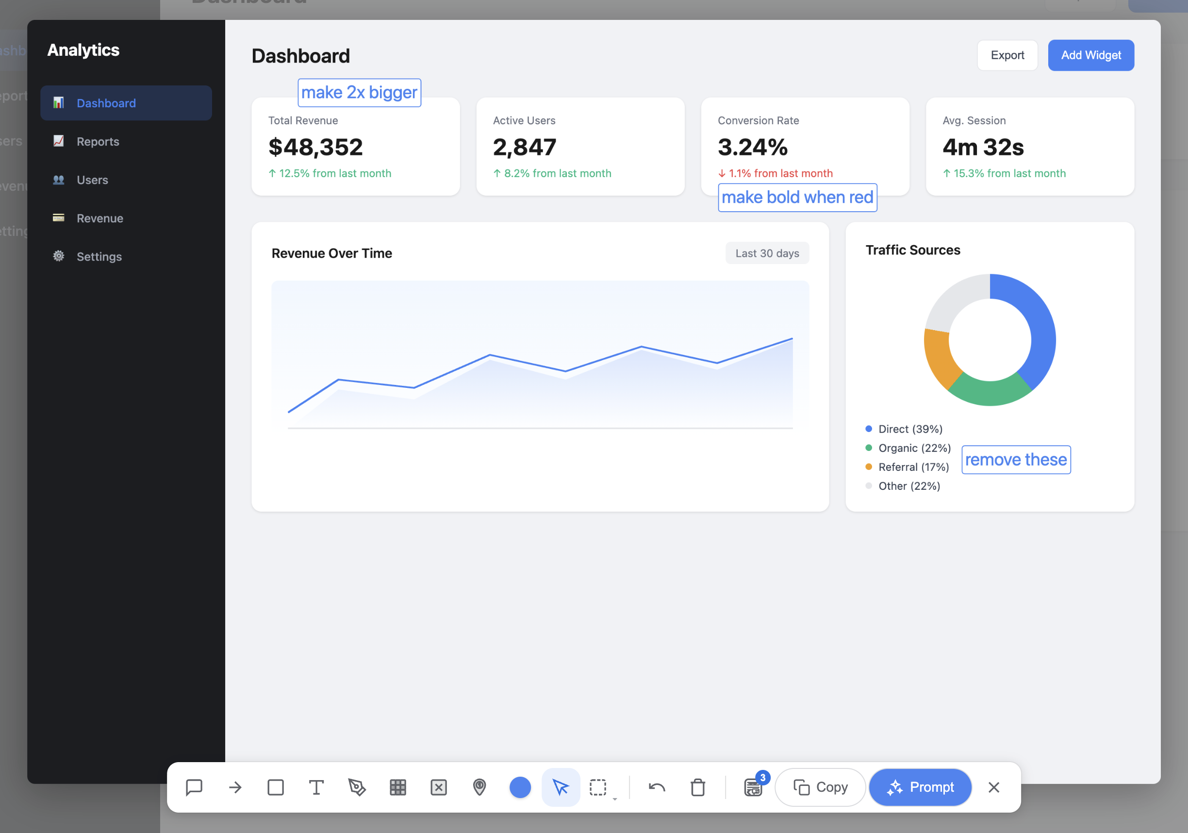 Dashboard with text label annotations