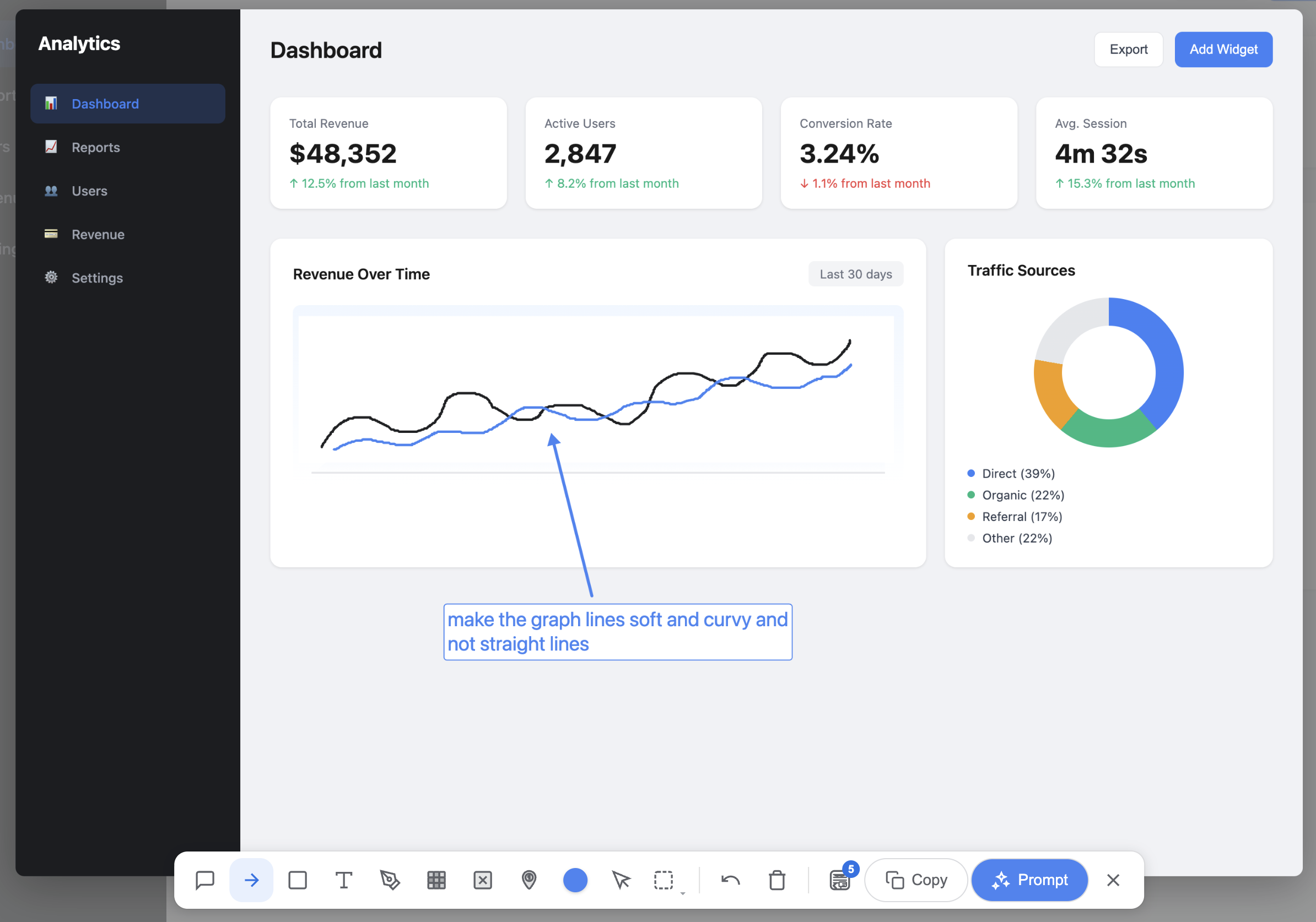 Dashboard with freehand sketch drawn over elements