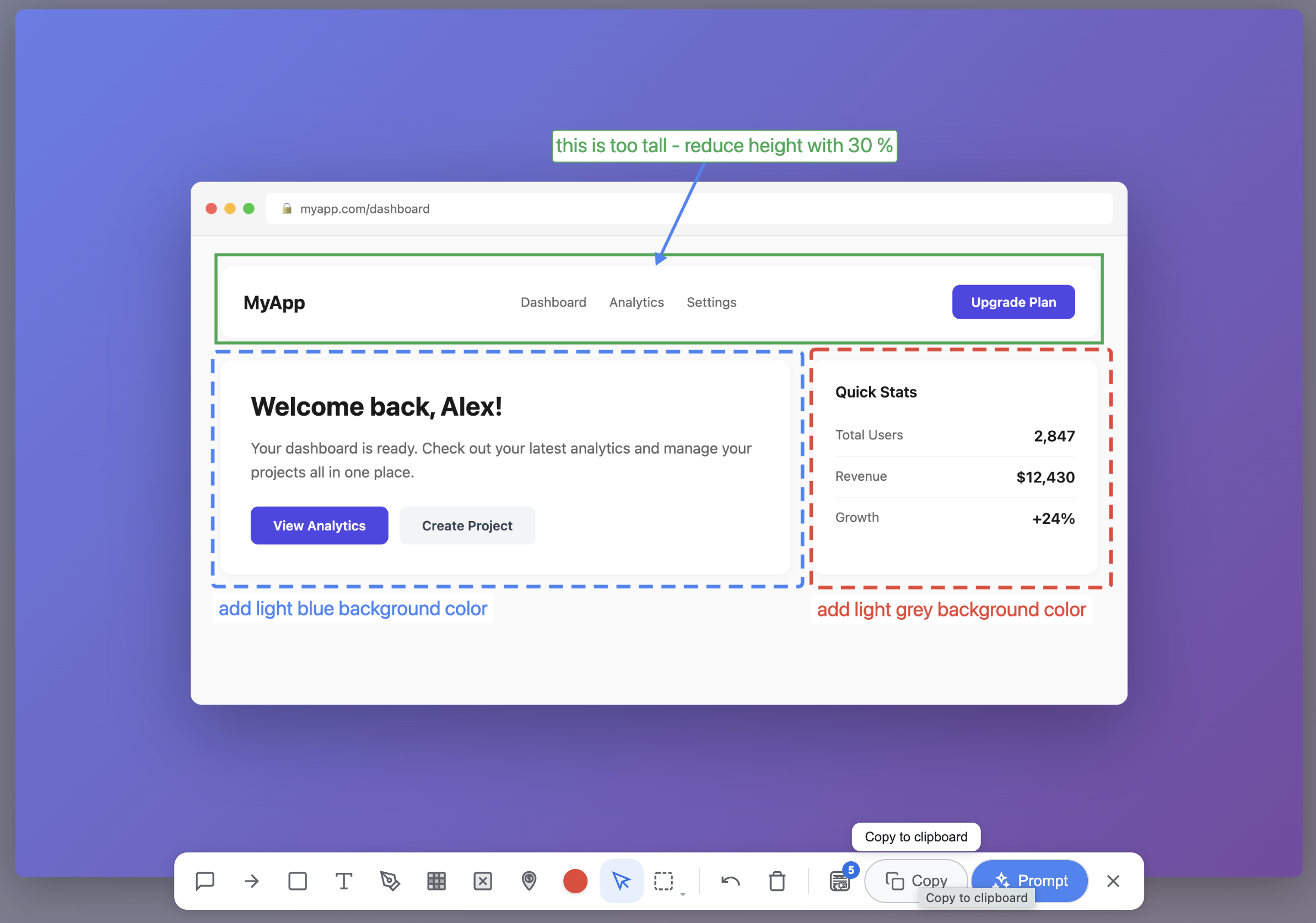ScreenToPrompt in action - annotating a dashboard with rectangles, comments, and text labels