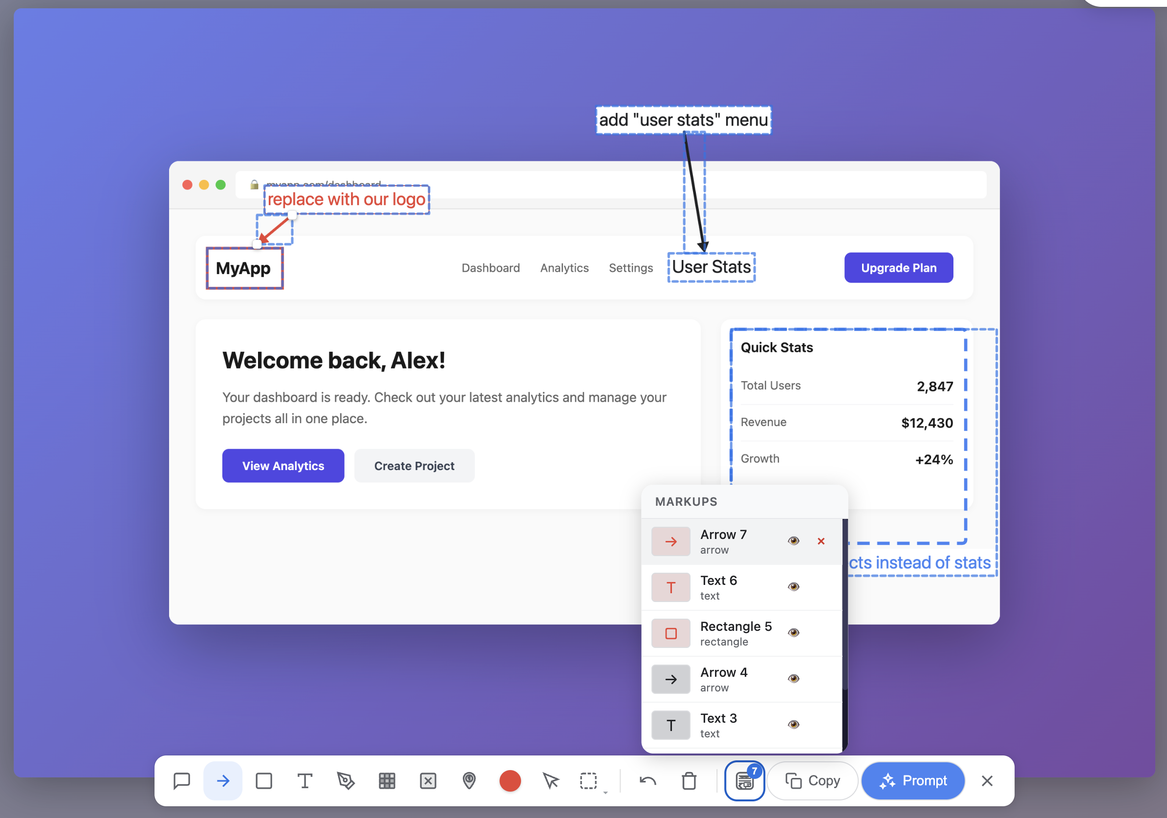 Dashboard with annotations and layers panel