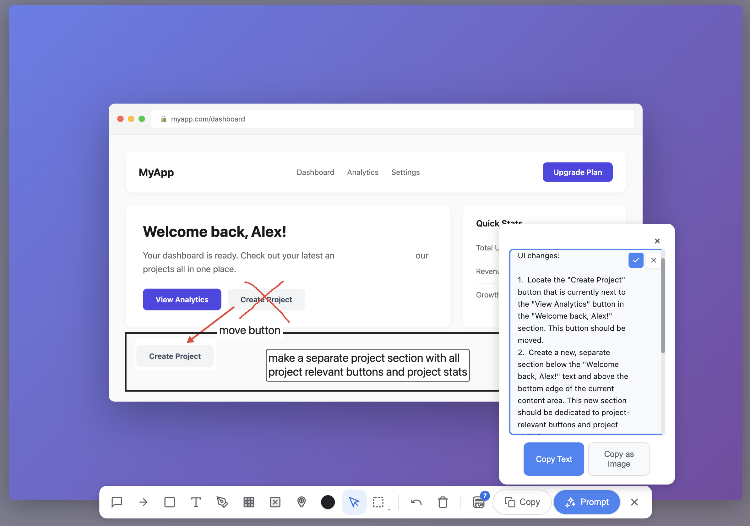 Dashboard with annotations and AI-generated prompt panel