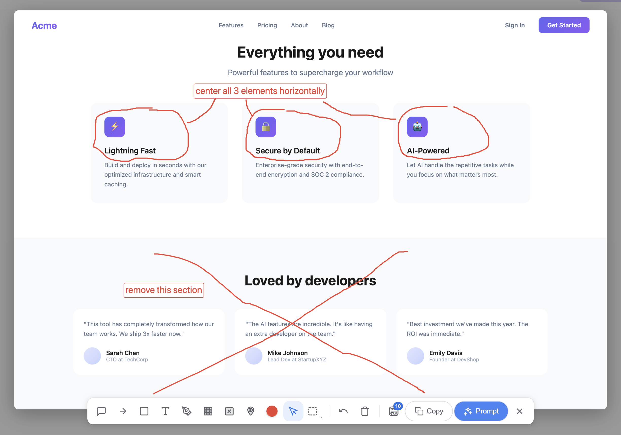 Landing page with freehand sketch annotations
