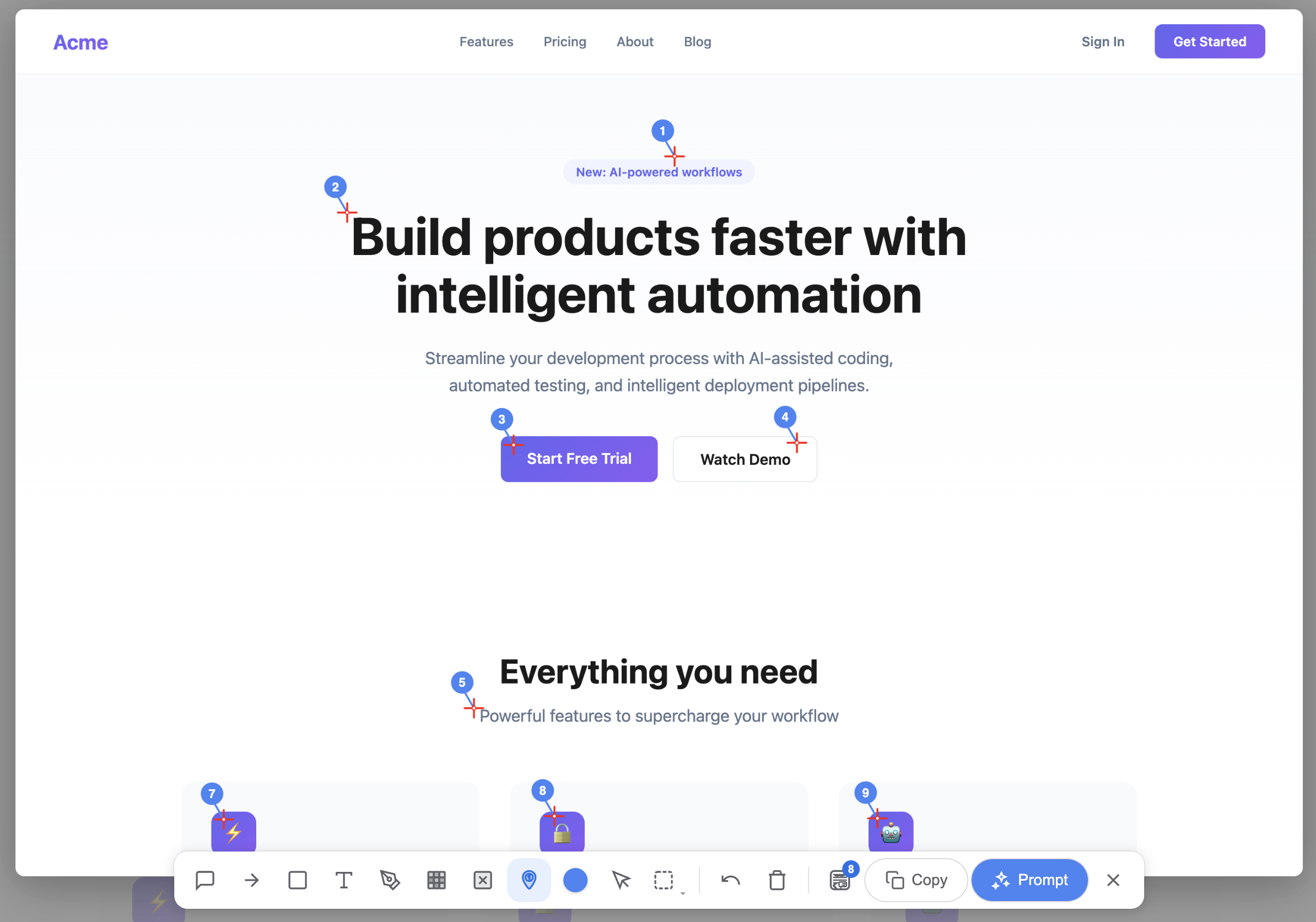 Landing page with numbered crosshair markers