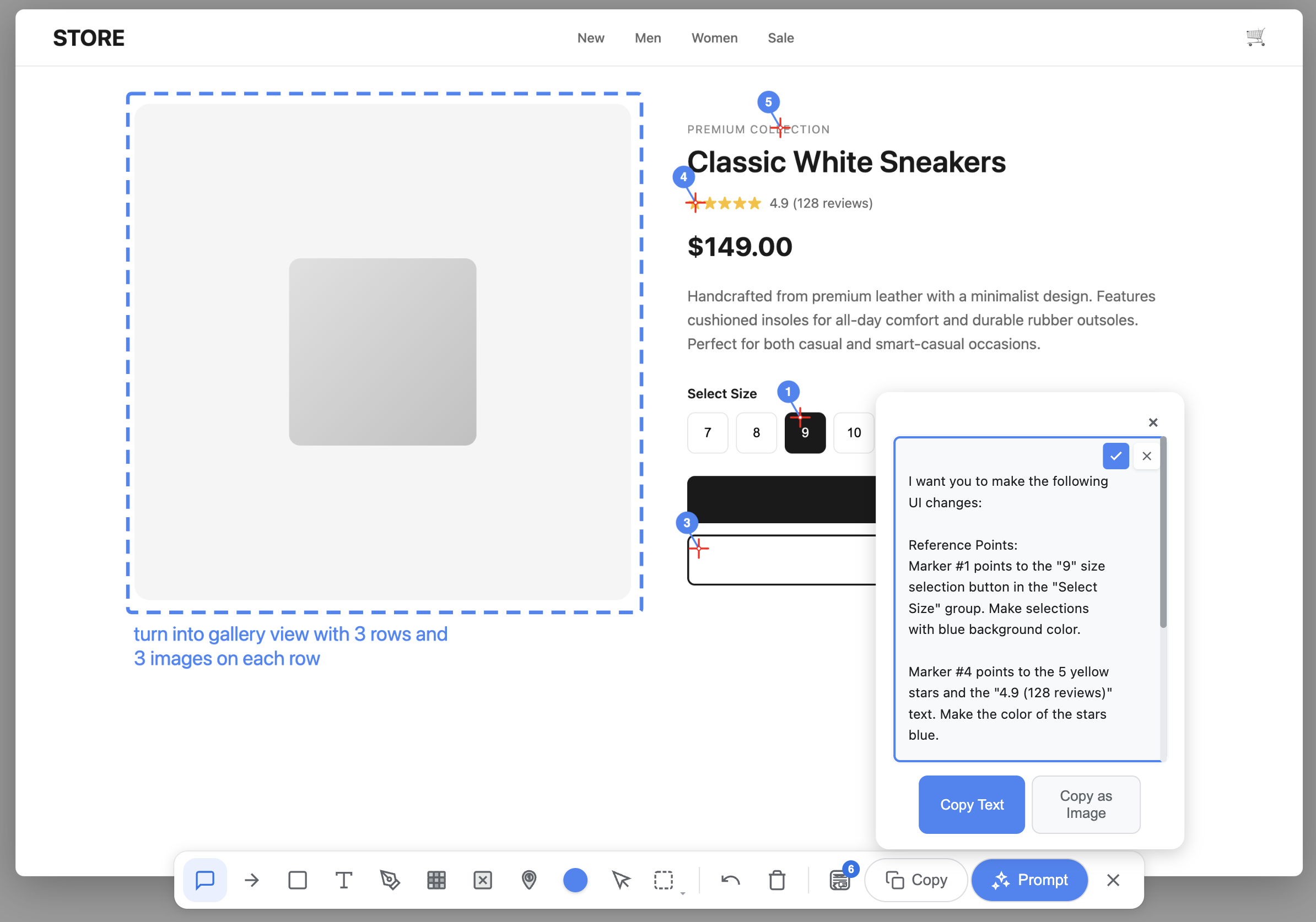 E-commerce page with numbered markers and AI prompt panel