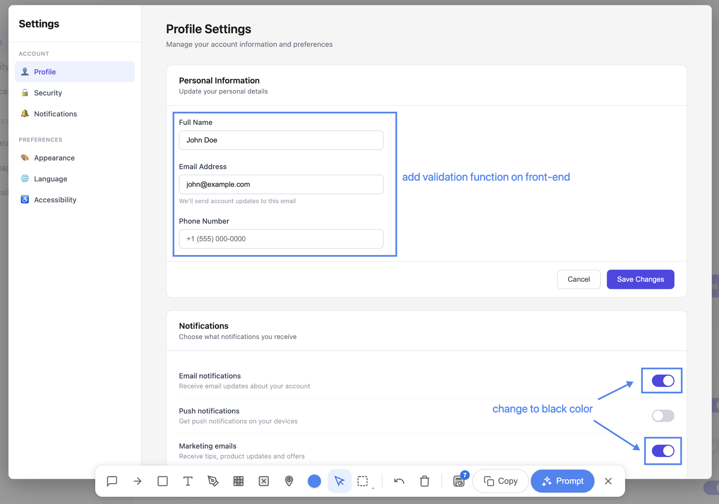 Settings page with rectangle annotations